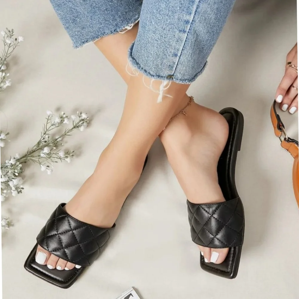 Black Quilted Square Toe Slide Sandals - Picture 6 of 9